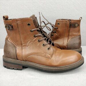 GUESS Combat Ankle Boots Mens Size 8 Light Brown Faux Leather Side Zip Buckle